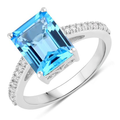 3.89 Ct Octagon Swiss Blue Topaz & Lab Diamond Prong Silver Pave Bridge Ring