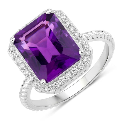 3.80 Ct Octagon Purple Amethyst and Lab Diamond Prong Silver Halo Ring