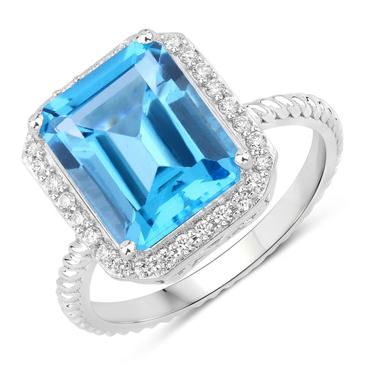 5.45 Ct Octagon Swiss Blue Topaz and Lab Diamond Prong Silver Halo Ring