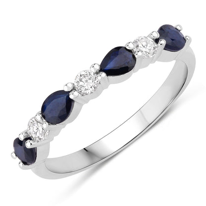 0.80 Ct Pear Blue Sapphire and Lab Diamond Prong Silver Seven Stone Half Eternity Ring