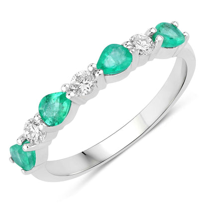 0.56 Ct Pear Green Zambian Emerald & Lab Diamond Prong Silver Seven Stone Half Eternity Ring