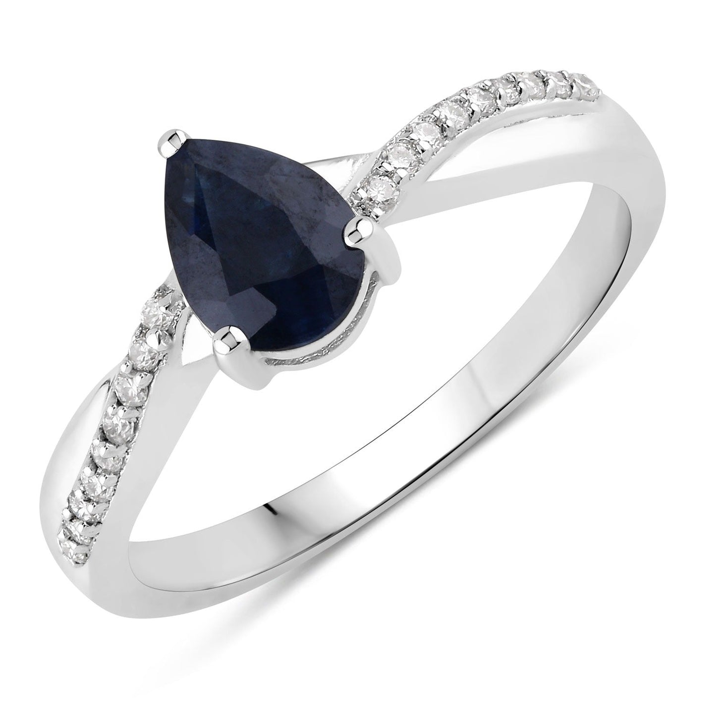 0.80 Ct Pear Blue Sapphire and Lab Diamond Prong Silver Pave Crossover Ring