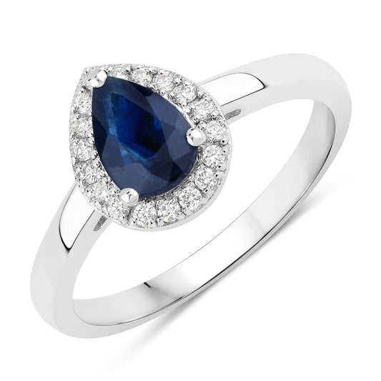0.80 Ct Pear Blue Sapphire & Lab Diamond Prong Silver Halo Ring