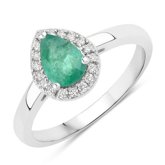 0.65 Ct Pear Green Zambian Emerald & Lab Diamond Prong Silver Halo Ring