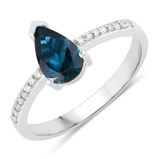 1 Ct Pear London Blue Topaz Lab Diamond V-Prong Silver Pave Bridge Ring