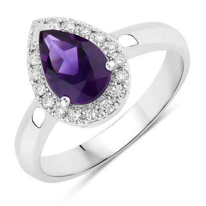 1.15 Ct Pear Purple Amethyst and Lab Diamond Prong Silver Halo Ring