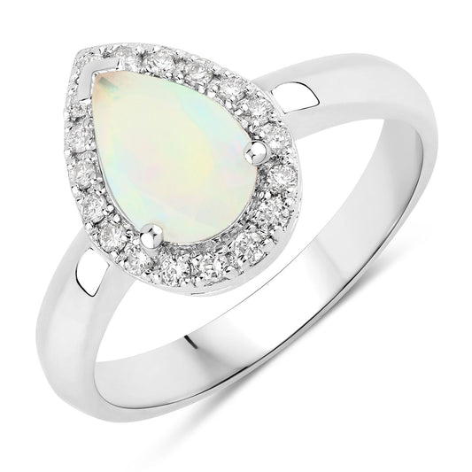 0.90 Ct Teardrop White Ethiopian Opal and Lab Diamond Prong Silver Halo Ring