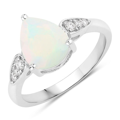 1.40 Ct Pear White Ethiopian Opal & Lab Diamond Prong Silver Cocktail Ring