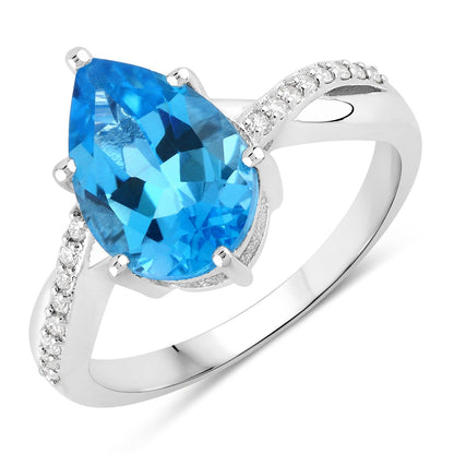 3.50 Ct Pear Swiss Blue Topaz & Lab Diamond Prong Silver Pave Bypass Ring