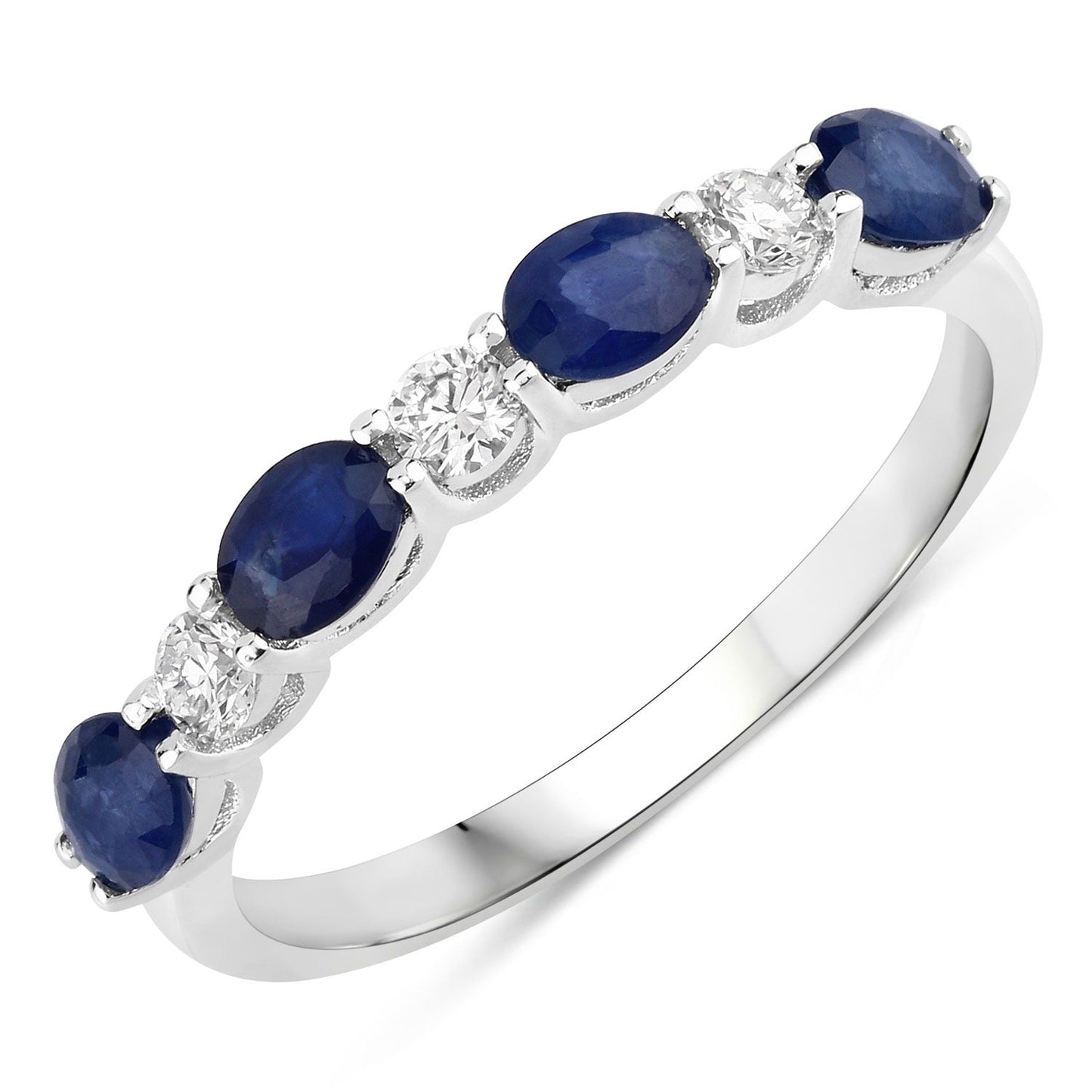 0.88 Ct Oval Blue Sapphire & Lab Diamond Prong Silver Half Eternity Seven Stone Ring