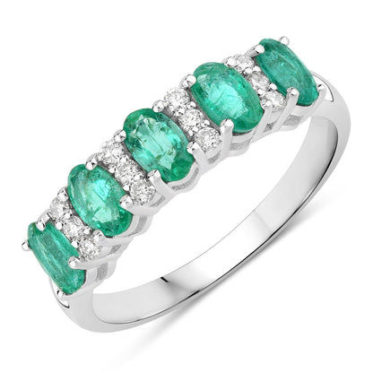 0.95 Ct Oval Green Zambian Emerald & Lab Diamond Prong Silver Half Eternity Band Five Stone Ring