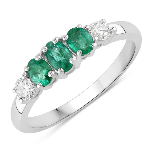 0.49 Ct Oval Green Zambian Emerald & Lab Diamond Prong Silver Graduated Five Stone Ring