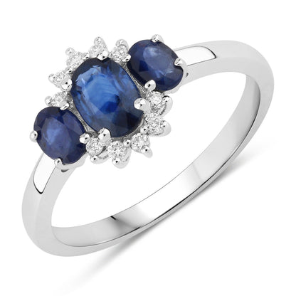 0.99 Ct Oval Blue Sapphire and Lab Diamond Prong Silver Three Stone Cocktail Ring