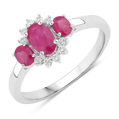 0.92 Ct Oval Pink Mozambique Ruby and Lab Diamond Prong Silver Three Stone Cocktail Ring
