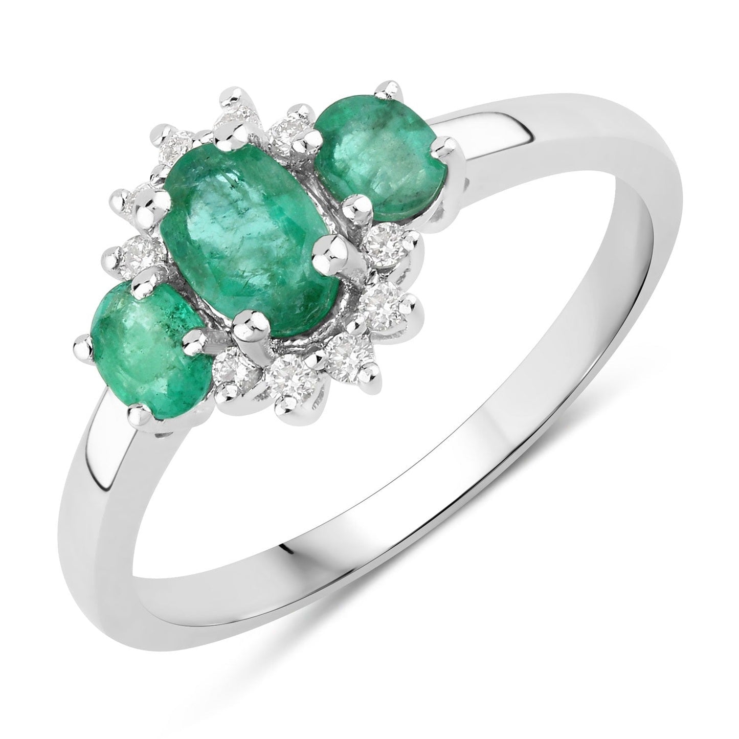 0.74 Ct Oval Green Zambian Emerald & Lab Diamond Prong Silver Three Stone Cocktail Ring