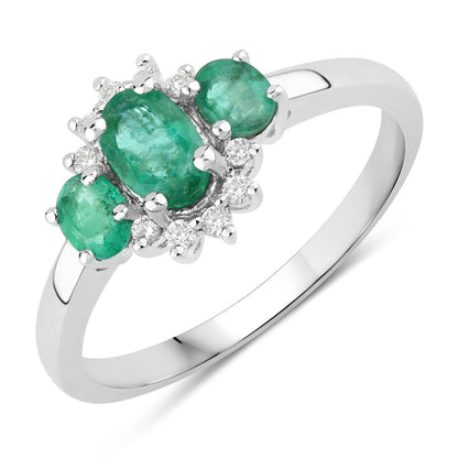 0.74 Ct Oval Green Zambian Emerald & Lab Diamond Prong Silver Three Stone Cocktail Ring
