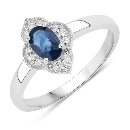 0.55 Ct Oval Blue Sapphire and Lab Diamond Silver Prong Floral Halo Ring
