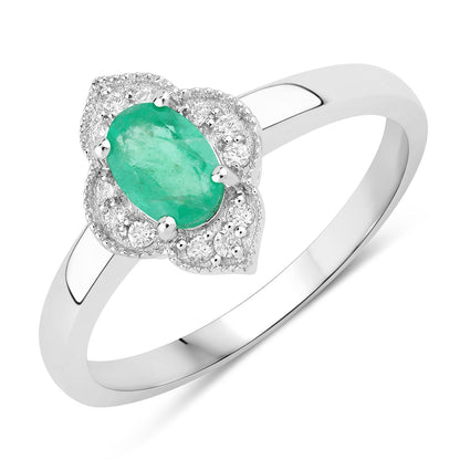 0.44 Ct Oval Green Zambian Emerald & Lab Diamond Prong Silver Floral Halo Ring
