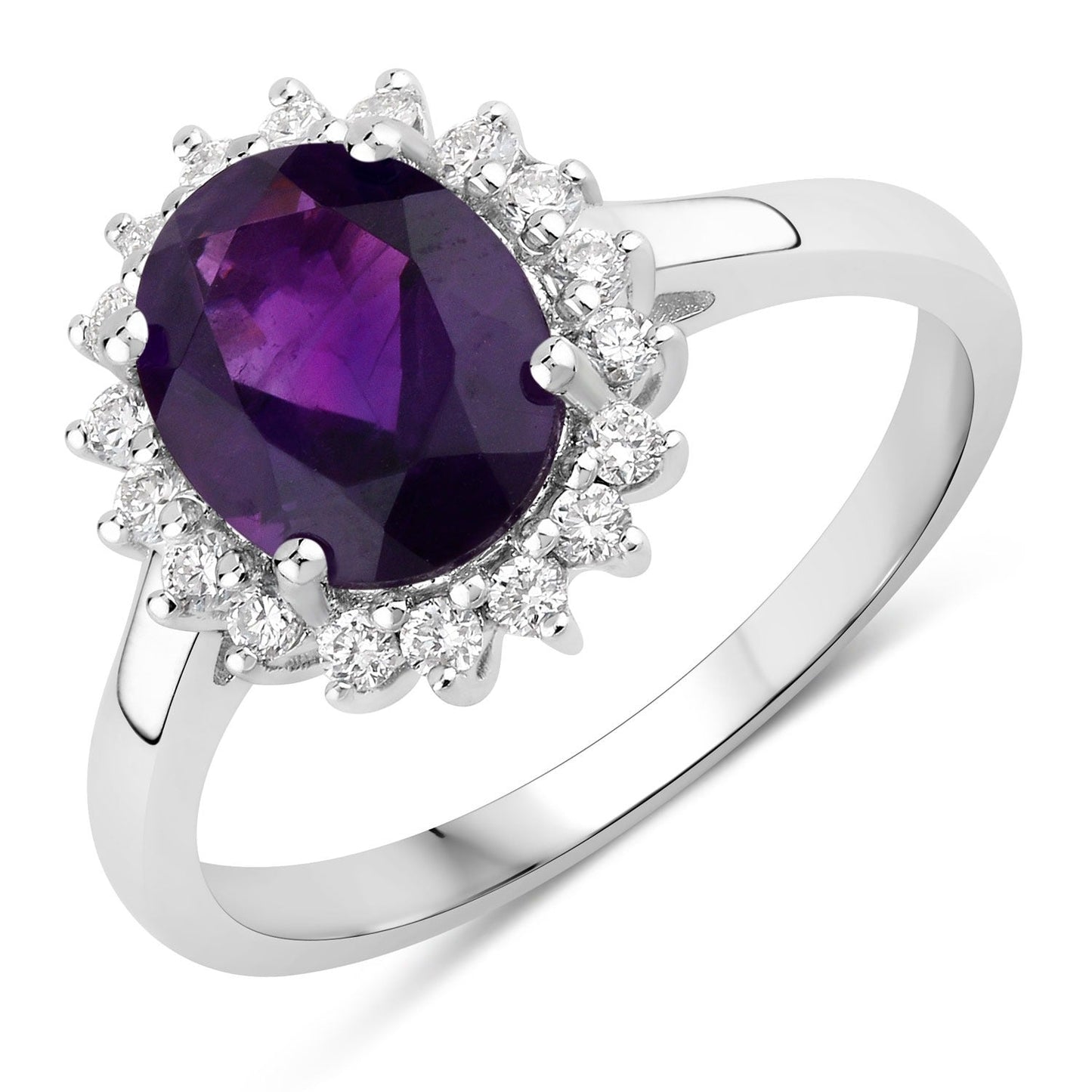 1.60 Ct Oval Purple Amethyst and Lab Diamond Prong Silver Halo Ring
