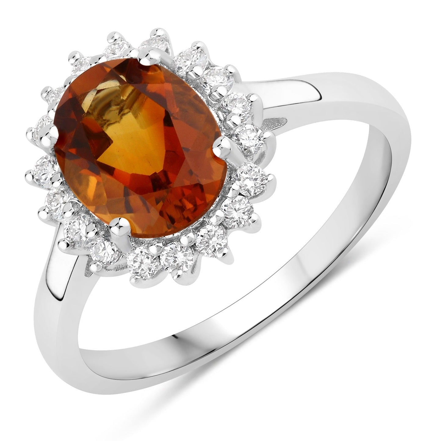 1.70 Ct Oval Yellow Madeira Citrine and Lab Grown Diamond Prong Silver Halo Ring