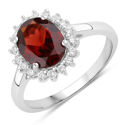 2 Ct Oval Red Mozambique Garnet and Lab Diamond Prong Silver Halo Ring