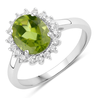 1.70 Ct Oval Green Peridot and Lab Diamond Prong Silver Halo Ring