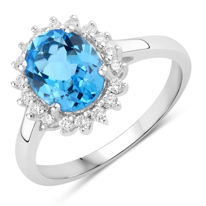 2 Ct Oval Swiss Blue Topaz and Lab Diamond Prong Silver Halo Ring