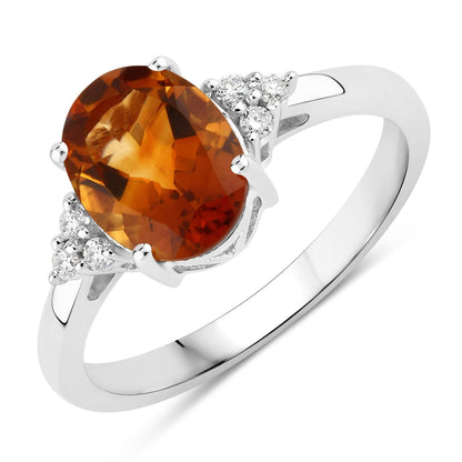 1.70 Ct Oval Yellow Madeira Citrine and Lab Diamond Prong Silver Cocktail Ring