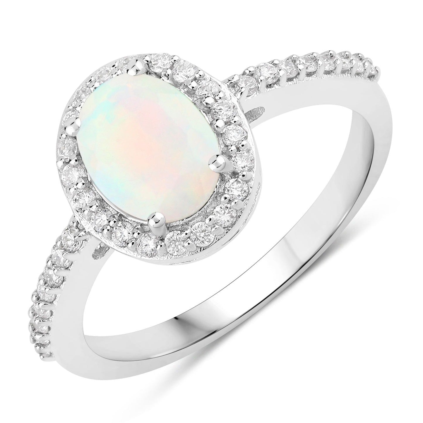 0.65 Ct Oval White Ethiopian Opal and Lab Diamond Prong Silver Halo Pave Ring