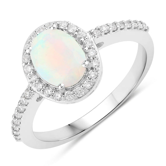 0.65 Ct Oval White Ethiopian Opal and Lab Diamond Prong Silver Halo Pave Ring
