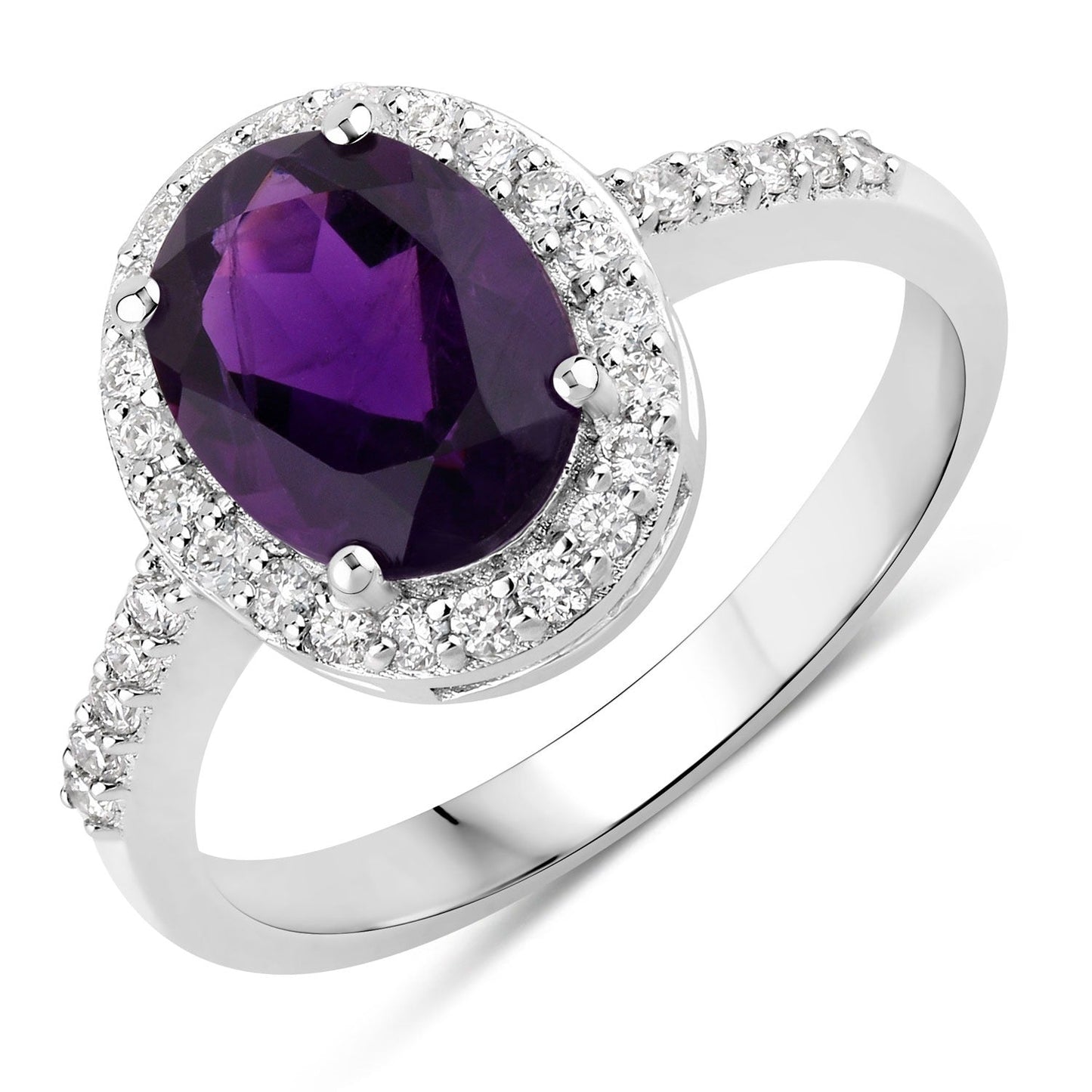 1.60 Ct Oval Purple Amethyst and Lab Diamond Prong Silver Halo Pave Ring