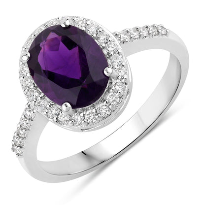 1.60 Ct Oval Purple Amethyst and Lab Diamond Prong Silver Halo Pave Ring