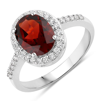 2 Ct Oval Red Mozambique Garnet and Lab Diamond Prong Silver Halo Pave Ring