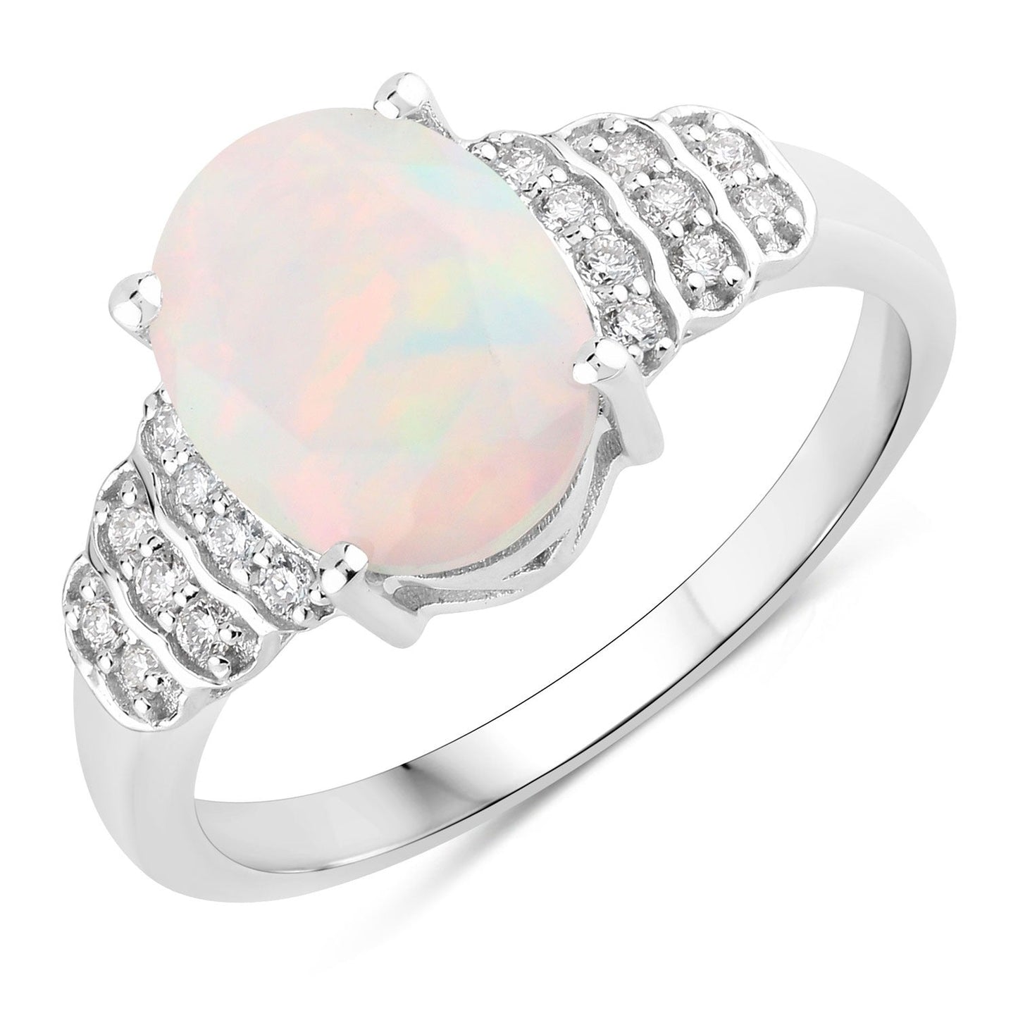 1.56 Ct Oval White Ethiopian Opal & Lab Diamond Prong Silver Bridge Ring