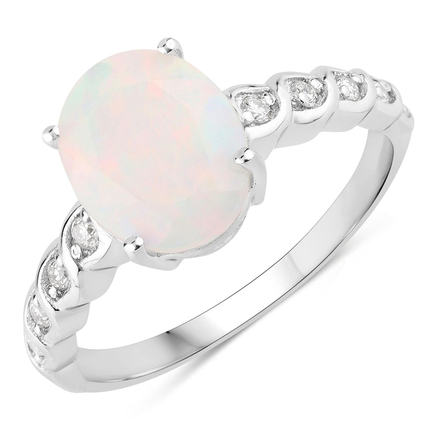 1.56 Ct Oval White Ethiopian Opal and Lab Diamond Prong Silver Bridge Ring