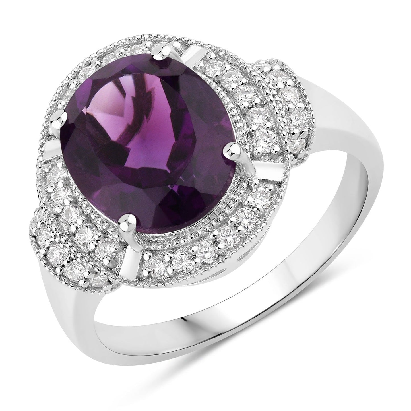 3.20 Ct Oval Purple Amethyst and Lab Diamond Prong Silver Halo Statement Ring