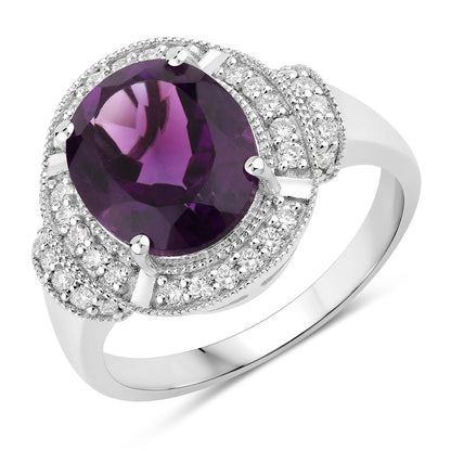 3.20 Ct Oval Purple Amethyst and Lab Diamond Prong Silver Halo Statement Ring