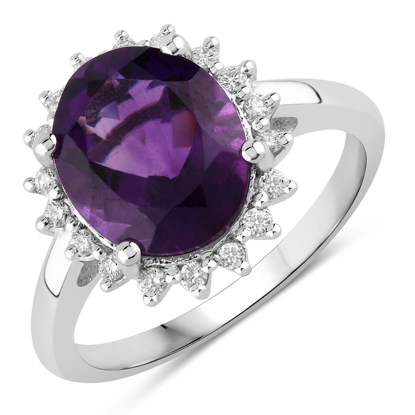 3.20 Ct Oval Purple Amethyst and Lab Diamond Prong Silver Halo Ring