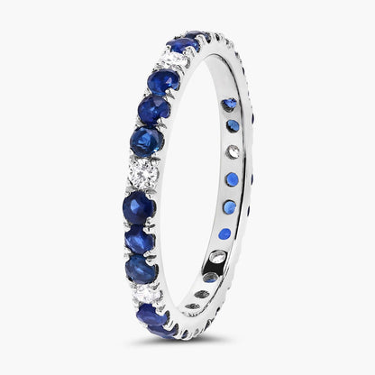 1.01 Ct Round Blue Sapphire and Lab Diamond Prong Silver Eternity Band Ring