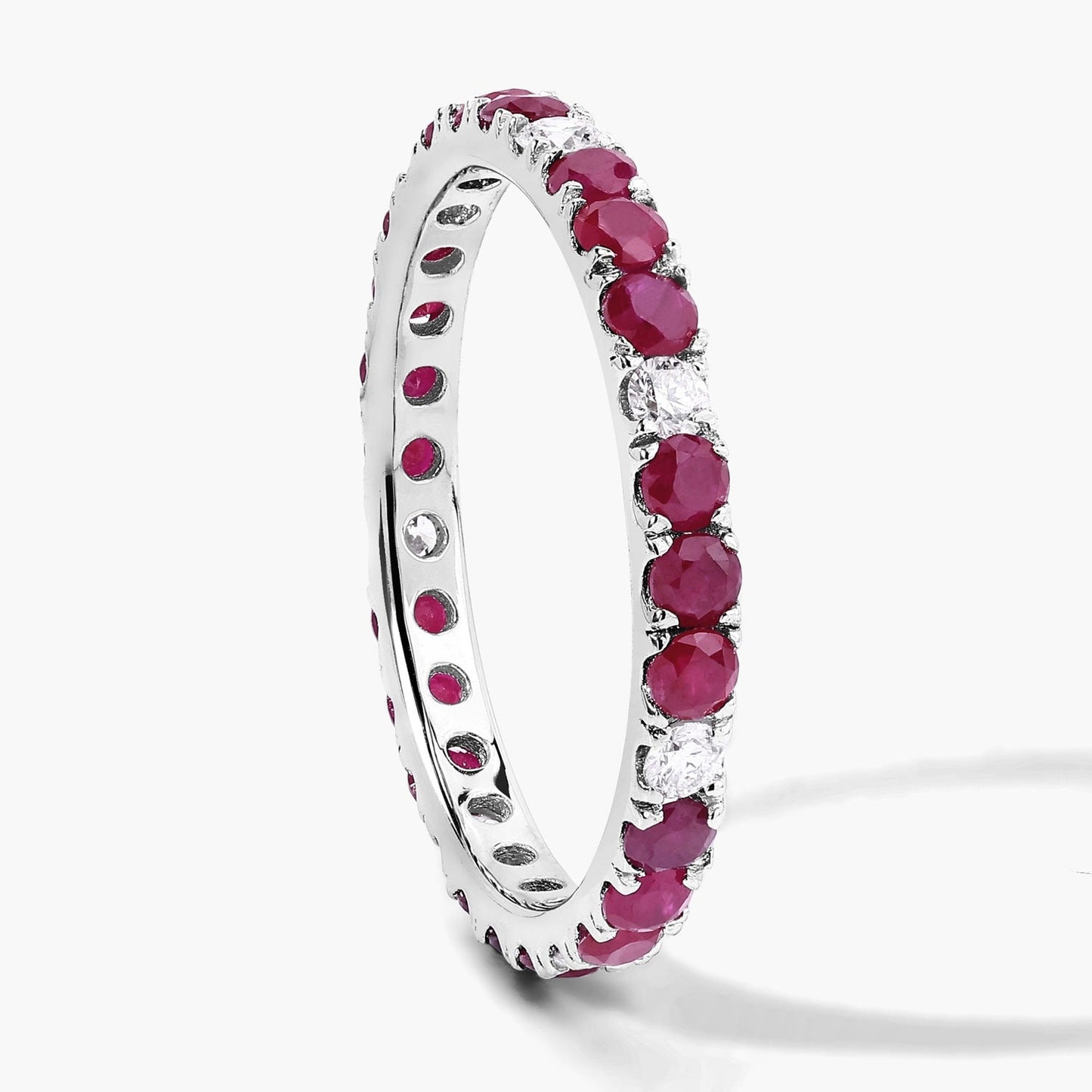 1.01 Ct Round Pink Mozambique Ruby and Lab Diamond Prong Silver Eternity Band Ring