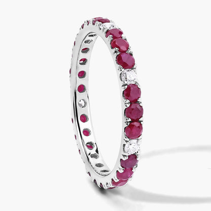 1.01 Ct Round Pink Mozambique Ruby and Lab Diamond Prong Silver Eternity Band Ring