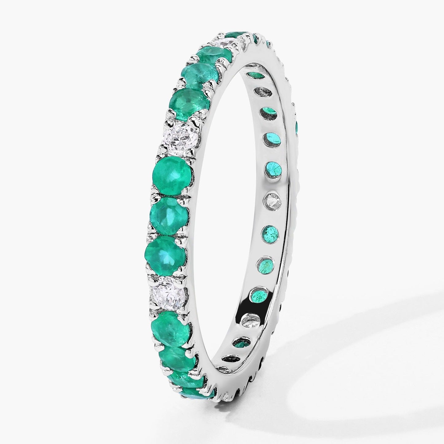 0.75 Ct Round Green Zambian Emerald and Lab Diamond Prong Silver Eternity Band Ring