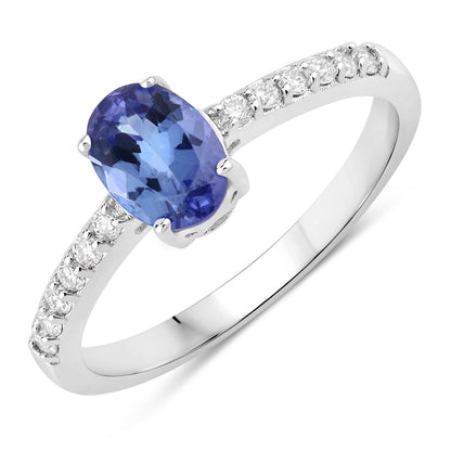 0.75 Ct Oval Violet Tanzanite and Lab Diamond Prong Silver Pave Band Ring