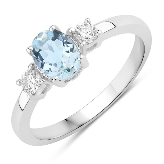 0.60 Ct Oval Blue Aquamarine and Lab Diamond Prong Silver Three Stone Ring