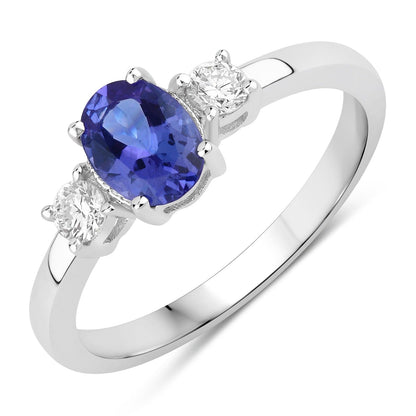 0.75 Ct Oval Violet Tanzanite and Lab Diamond Prong Silver Three Stone Ring