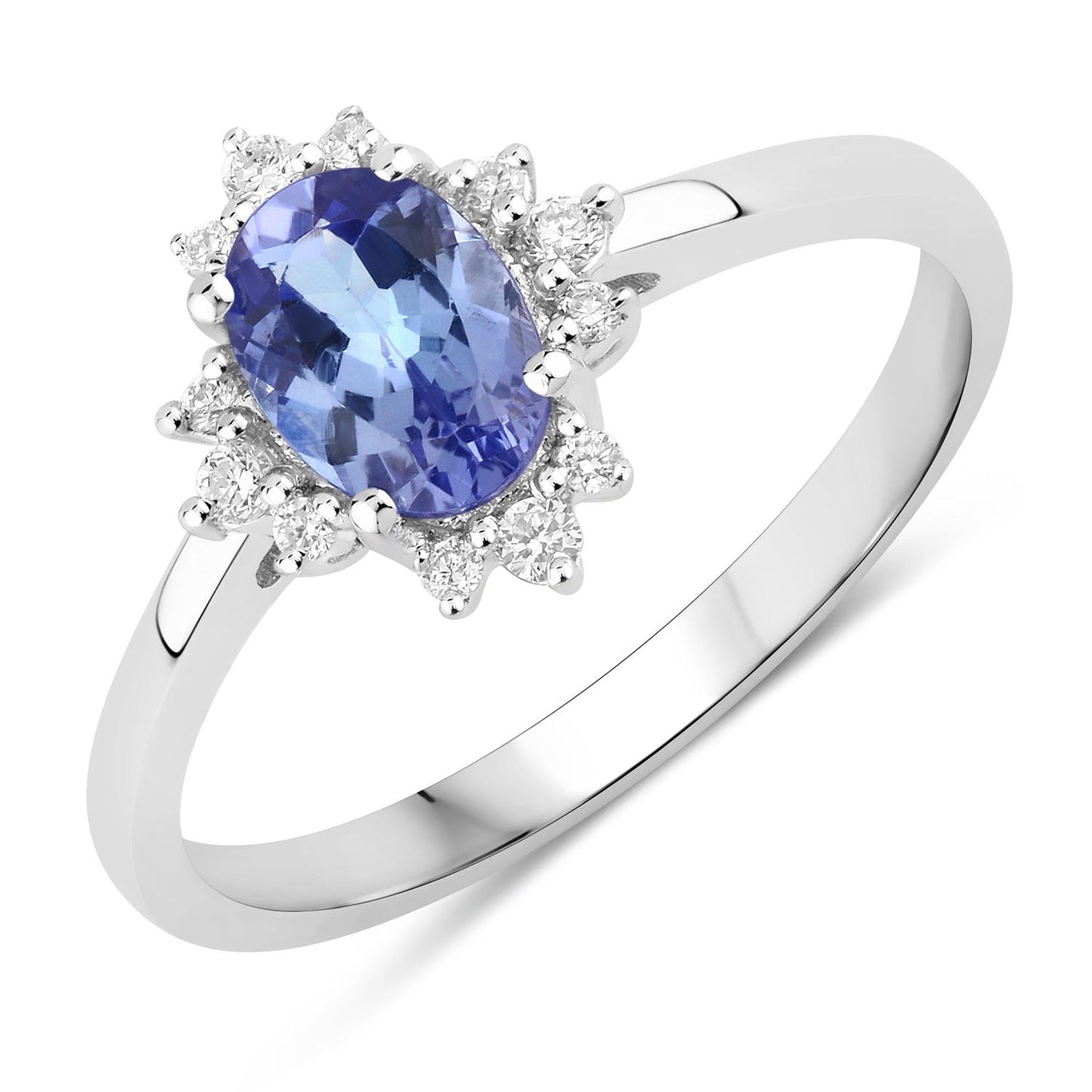 0.75 Ct Oval Violet Tanzanite and Lab Diamond Prong Silver Halo Statement Ring