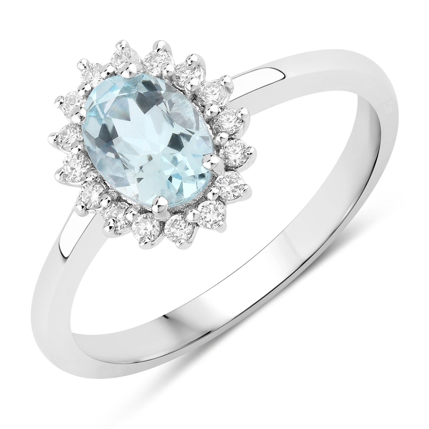 0.60 Ct Oval Blue Aquamarine and Lab Diamond Prong Sterling Silver Halo Ring