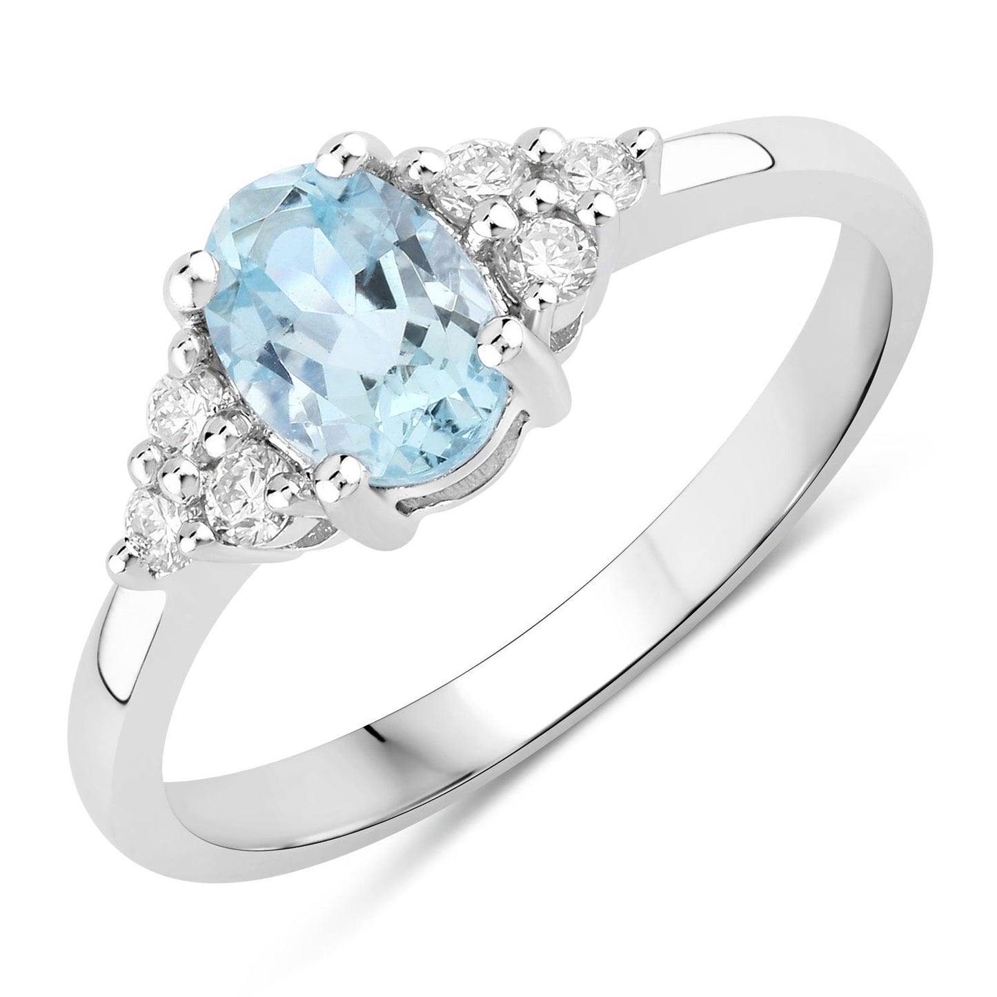 0.60 Ct Oval Blue Aquamarine and Lab Diamond Prong Silver Cocktail Ring