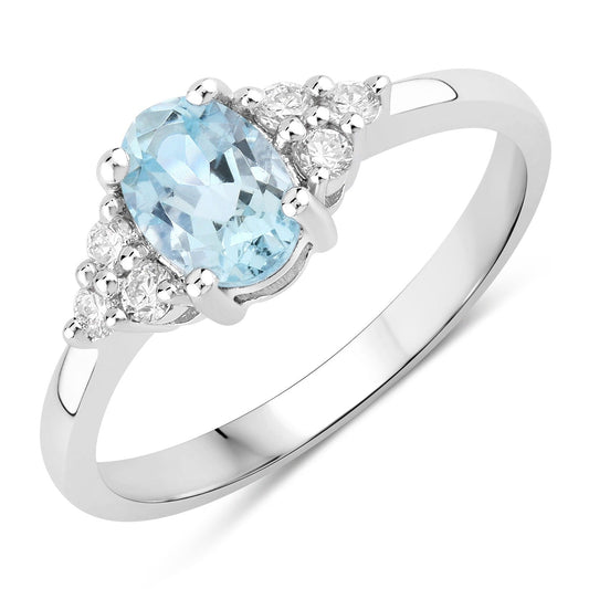 0.60 Ct Oval Blue Aquamarine and Lab Diamond Prong Silver Cocktail Ring