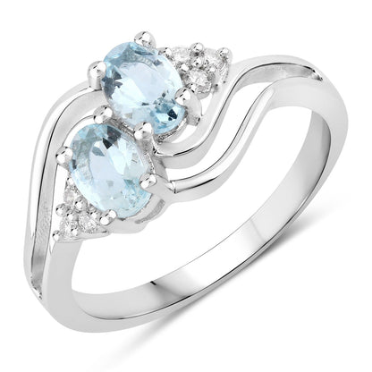 0.80 Ct Oval Blue Aquamarine and Lab Diamond Silver Bypass Promise Ring